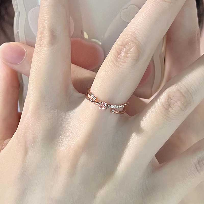 Elegan Merah Muda Berlian Kristal Rose Gold S925 Perak Wanita Fashion Perhiasan Pernikahan Pertunangan Rings Adjustable Size