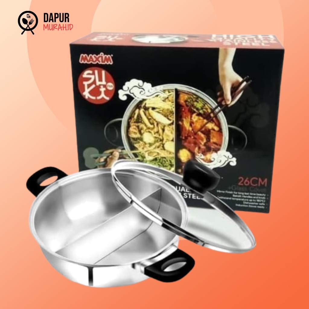 DM - Maxim Panci Shabu Shabu Suki Pan Hot Pot Sukiyaki 26 Cm Tutup Kaca Stainless steel