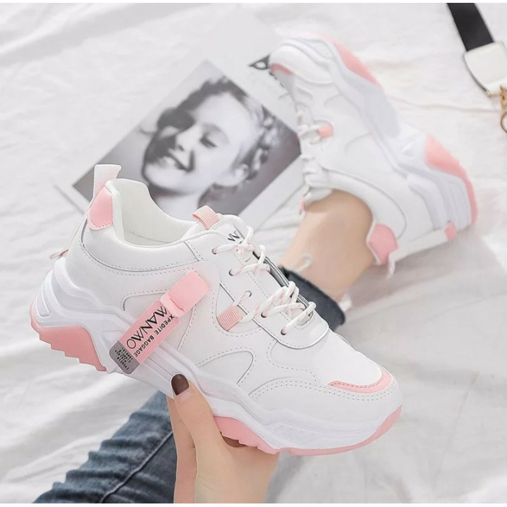 Sepatu Sneakers Wanita Putih Pink Tali Casul Style Import Korea Wanwoo Sol Tinggi FSH151