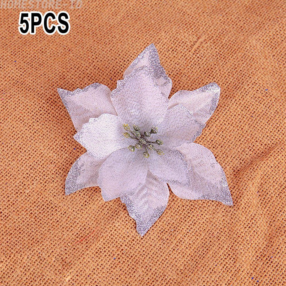 24pcs Glitter Artificial Poinsettia Ornamen Pohon Natal Home Decor Flower