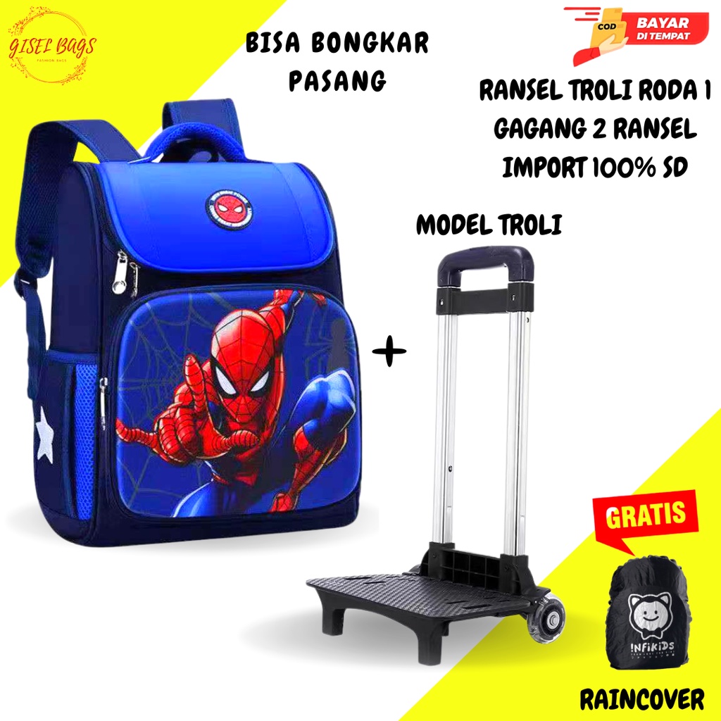 Tas trolly anak laki laki sekolah sd trolly roda 1 Gagang 2 bisa di lipat dan bongkar pasang serbaguna import gambar tas timbul 3D waterproof