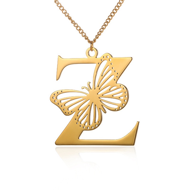 Kalung Huruf Kupu-Kupu Besar Dainty Warna Emas Untuk Wanita Gadis Perhiasan Rantai Stainless Steel Kalung Liontin Inisial