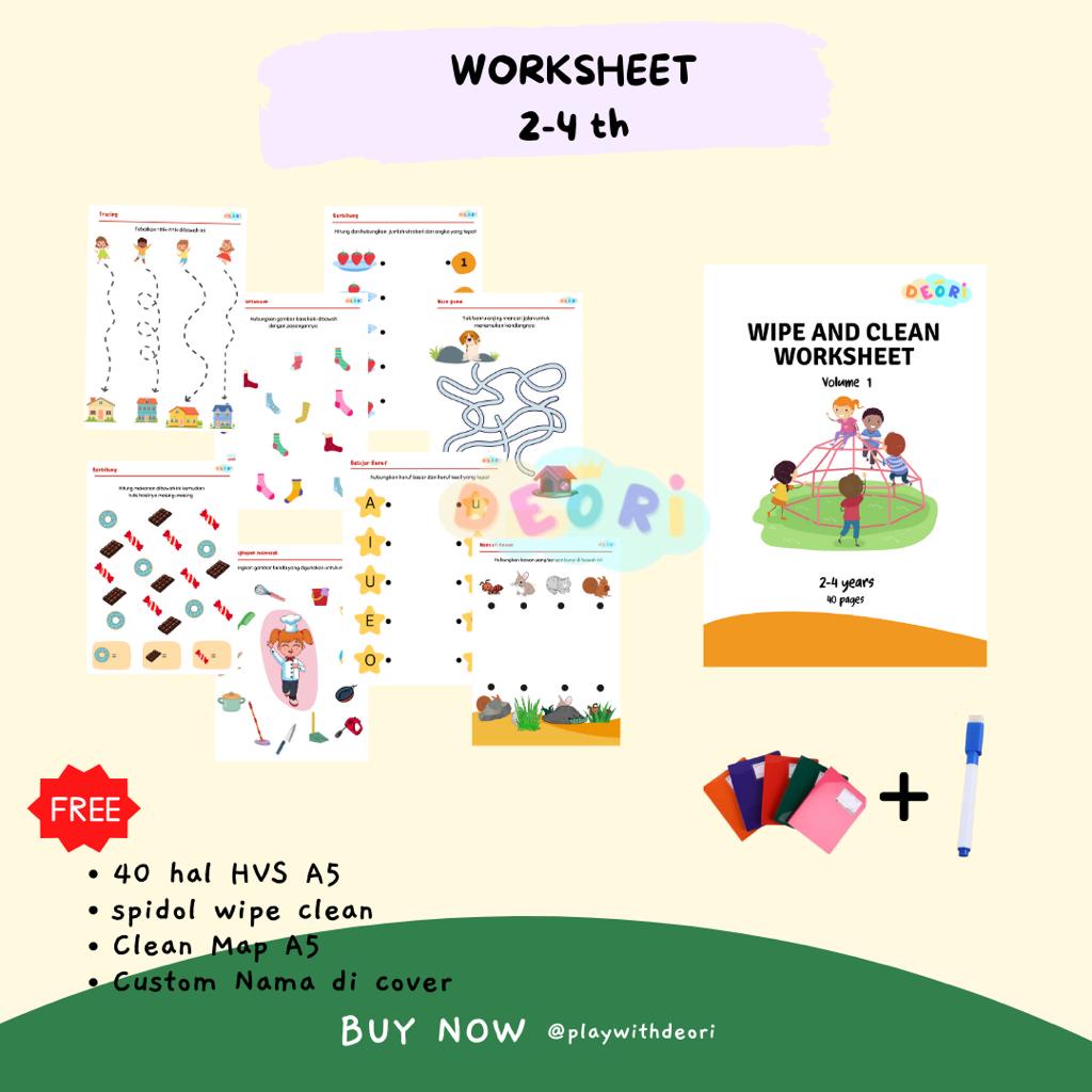 (Play with Deori) Worksheet Anak Wipe and Clean Volume 1 dengan Map A5 Montessori Busypage Busybook