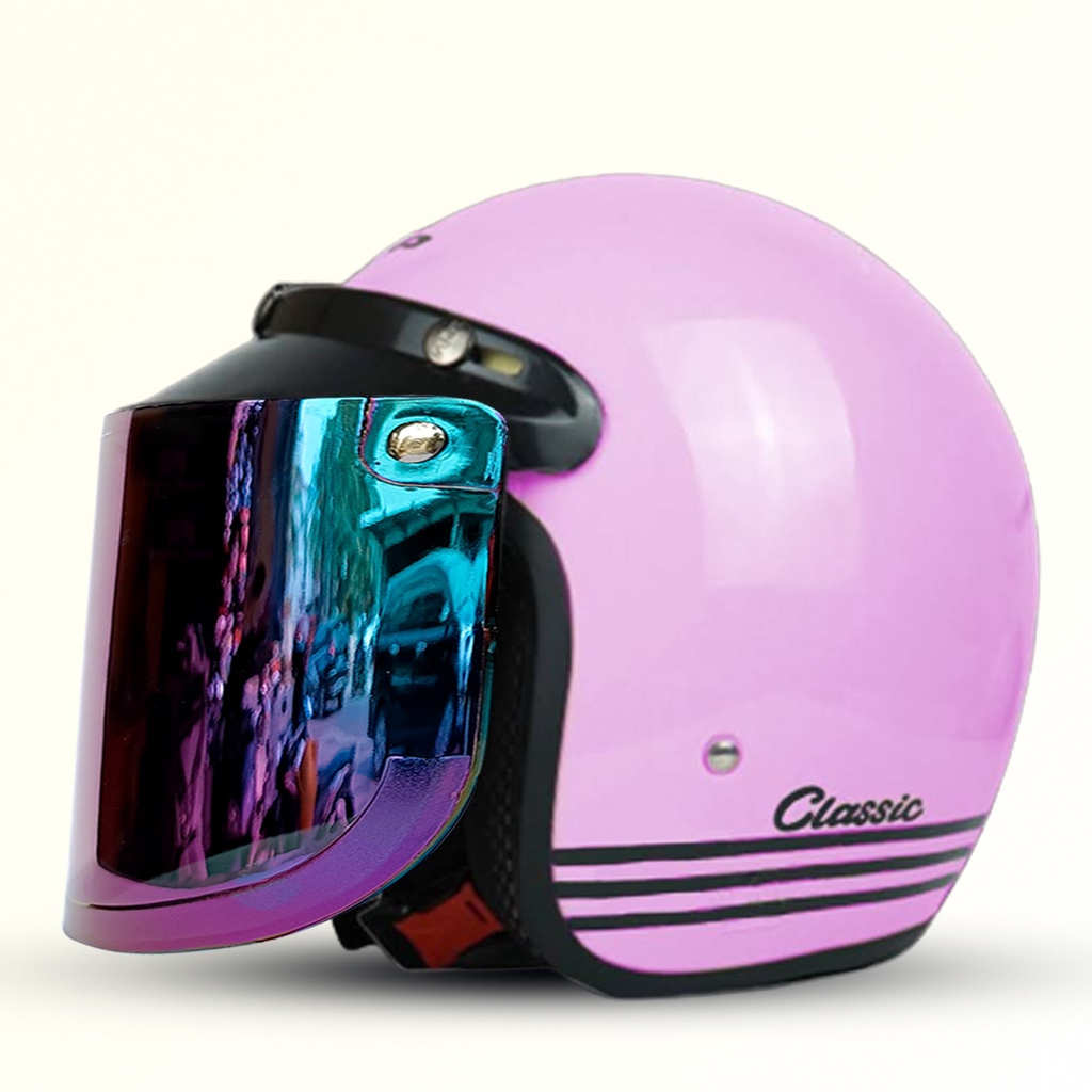 Helm Bogo Retro Dewasa Classic Kaca Datar Pelangi / Kaca Cembung Silver COD