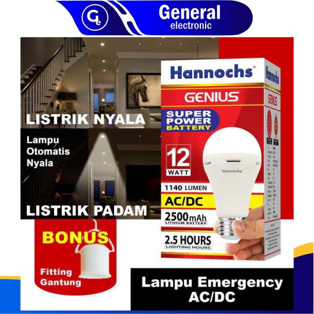 Hannochs Genius Lampu Emergency LED 8W / 10W / 12W / 15W Cahaya Putih