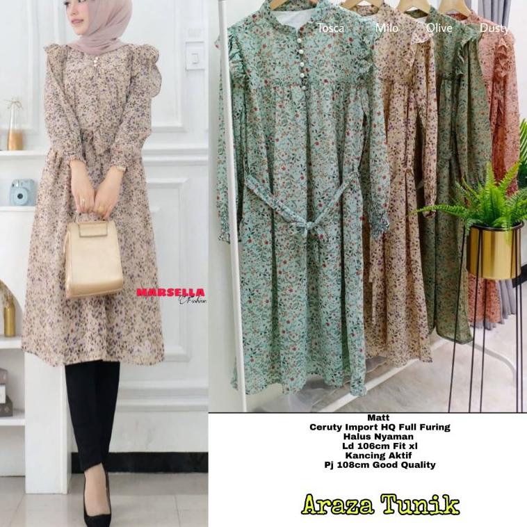 Paling Laris araza long tunik marsela tunik ceruty tunik terbaru motif bunga baju atasan wanita keki