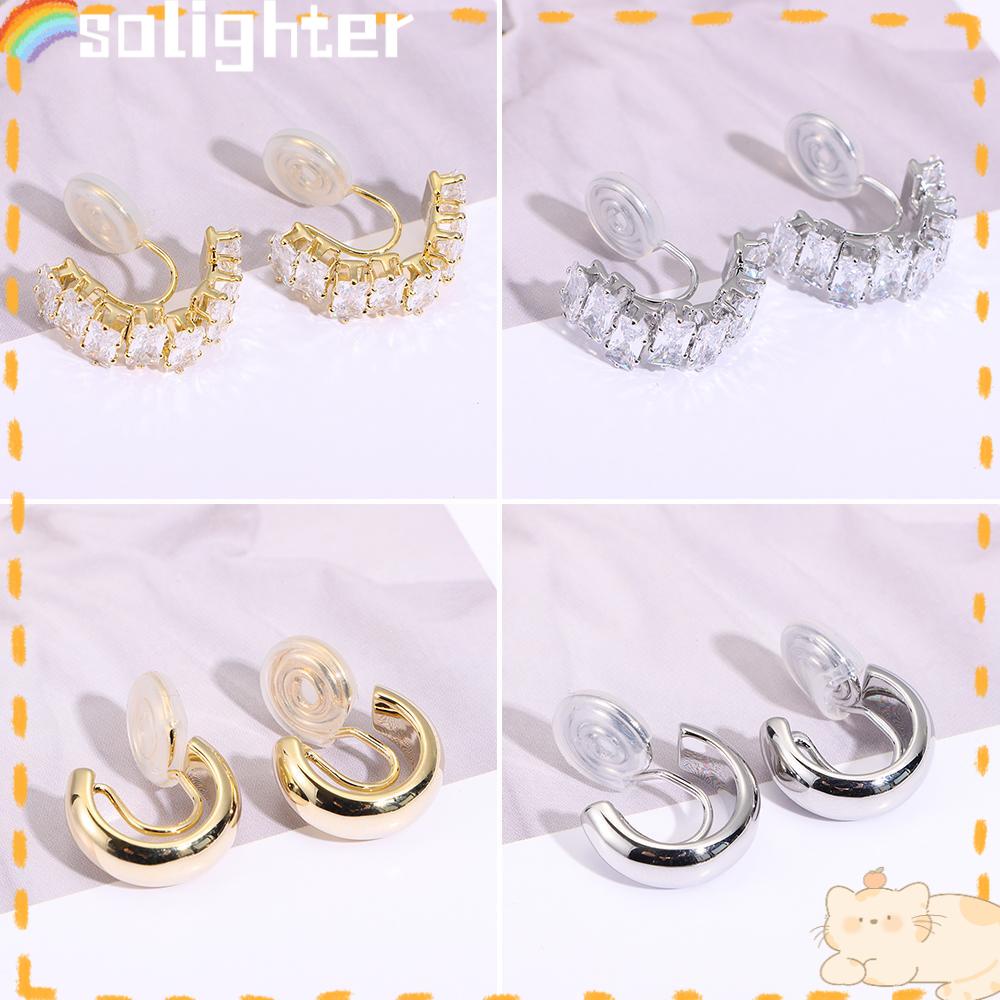 Solighter Chunky Hoop Ear Clip Hot Untuk Wanita Gadis Baru Trendi Cubic Zirconia Manset Telinga