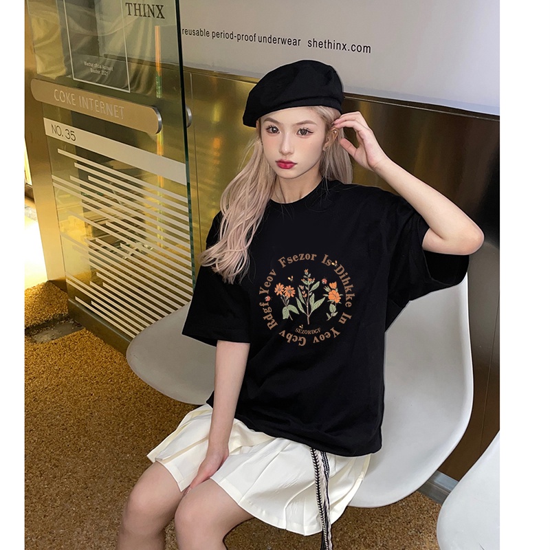 American Vintage Lengan Pendek T-shirt/Oversize Flower Pattern Print Kaos Korean Style Kekinian Baju Wanita