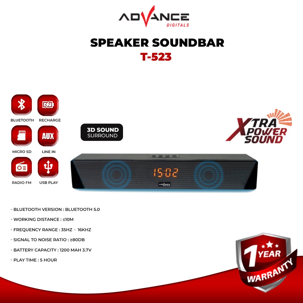 Advance Speaker Bluetooth Soundbar T523 Alarm Clock Bergaransi Resmi 1 Tahun