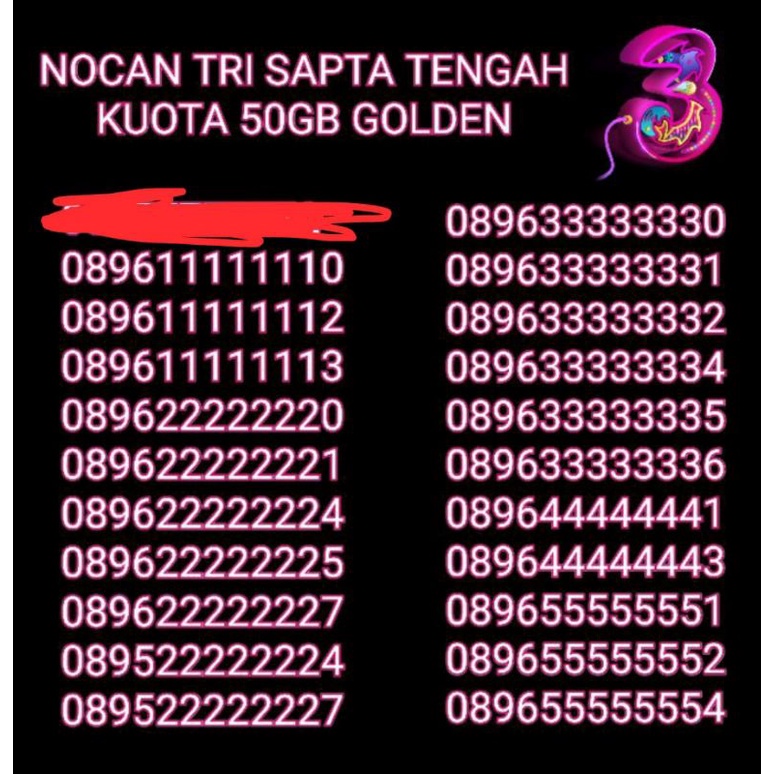NOCAN Nomor Cantik SAPTA Kartu Perdana Three 3 Tri 4G LTE Kuota 50GB
