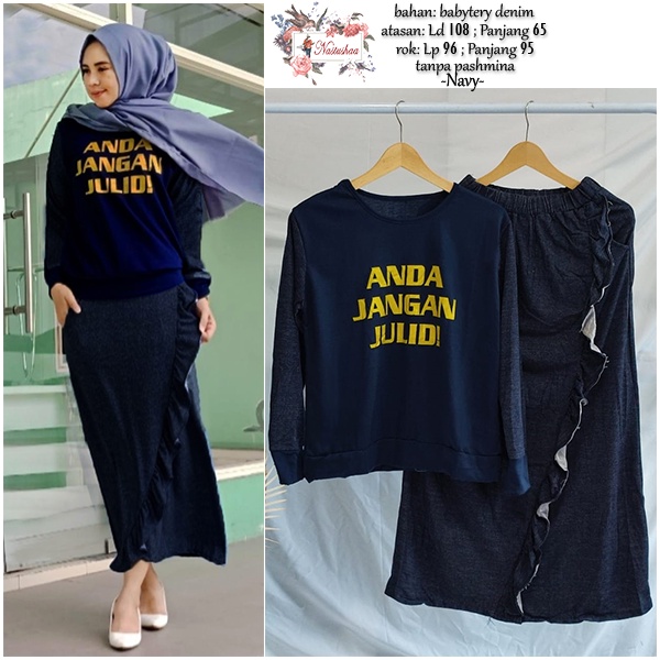 Setelan Wanita Rok + Kaos Motif Sablon Anda Jangan Julid One Set Bahan Babyterry Denim Panjang Wanita Muslimah Kekinian