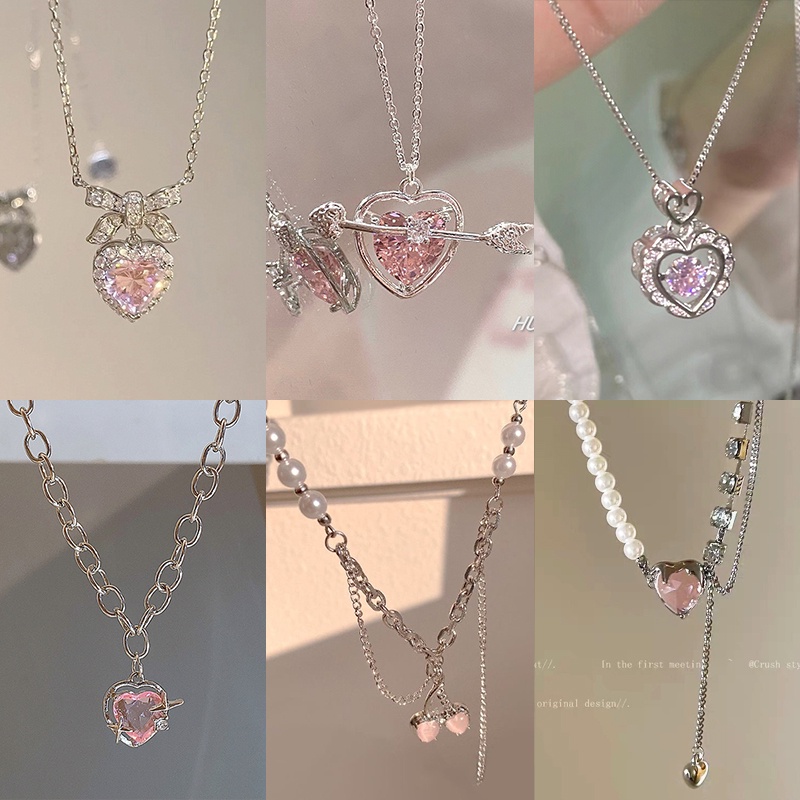 Sweet Pink Zircon Pendant Necklace Untuk Wanita Hati Perak Rantai Kalung Choker Y2K Aksesoris Perhiasan