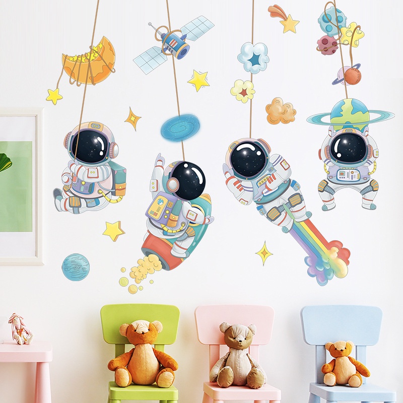 Astronot Luar Angkasa Stiker Dinding Kamar Anak Bintang Bulan Langit Kartun Latar Belakang Dinding Decal