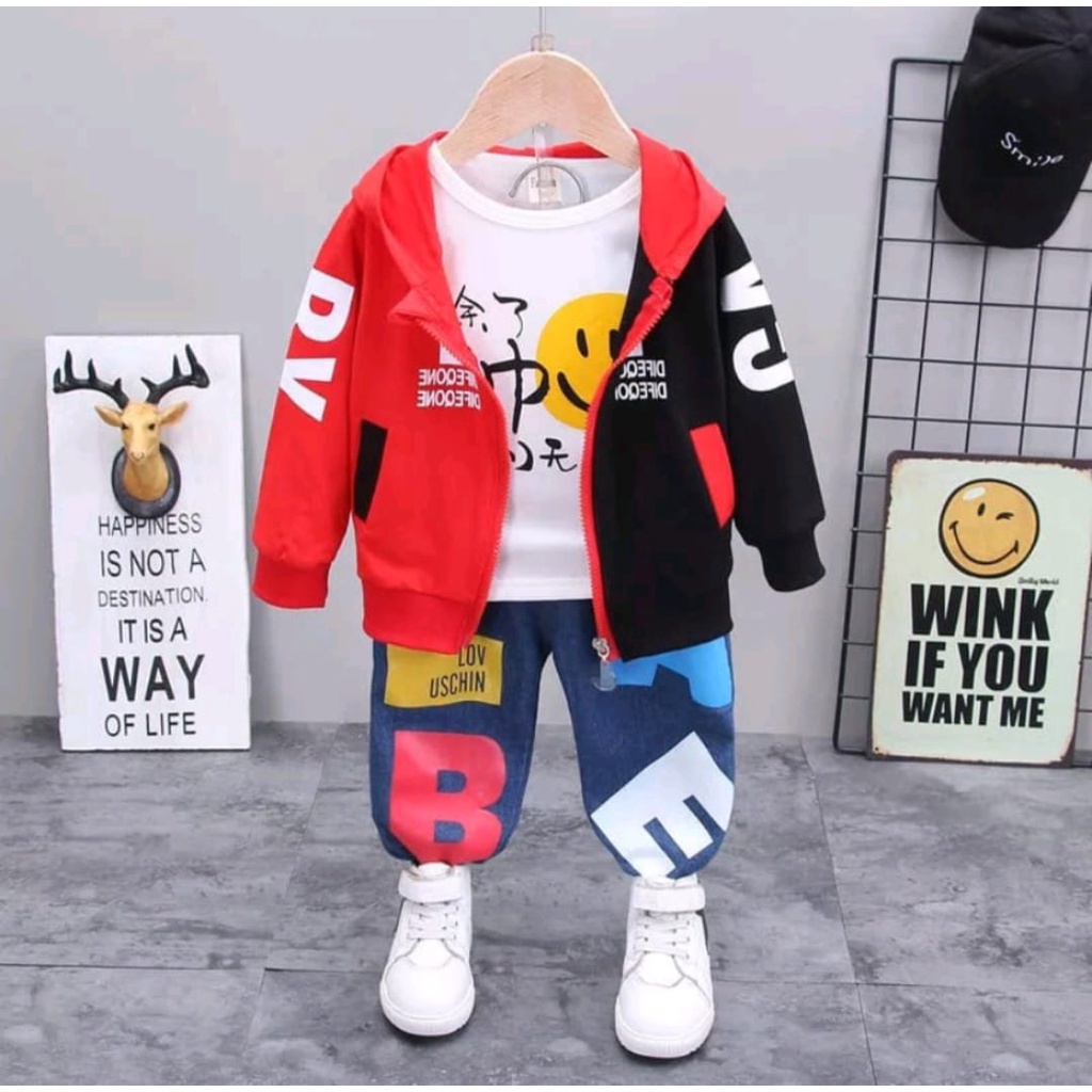 SETELAN SWEATER  JAKET  ANAK 3 IN 1 TERBARU MOTIF SMILE USIA 6 BULAN -5 TAHUN ANAK LAKI LAKI