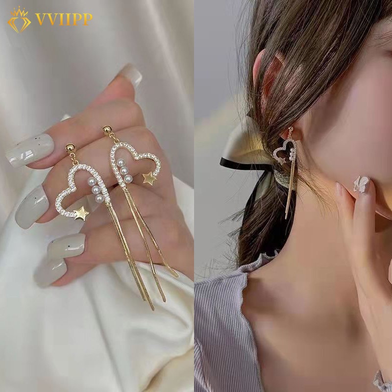 Anting Rumbai Hati Hollow Anting Tetes Emas Kristal Mutiara Elegan Untuk Aksesoris Perhiasan Wanita