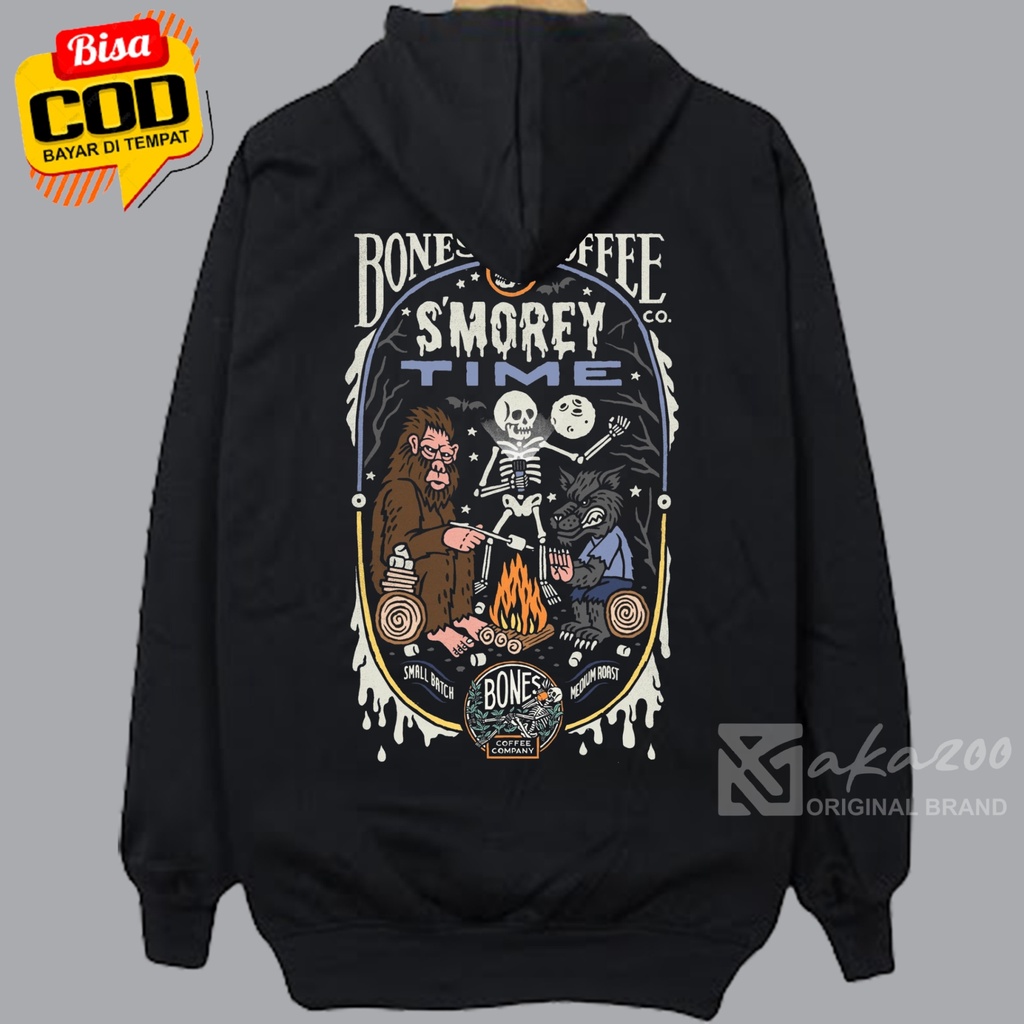 sweater pria distro trend kekinian 2023 akazoo BONES COFFEE SMOREY TIME gambar blakang sablon saku gold hoodie cowok terbaru