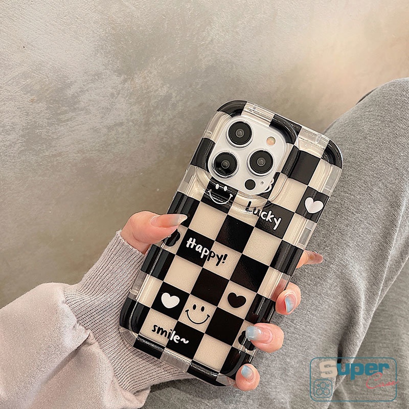 Pasangan Case Kompatibel Untuk IPhone XR 11 7 8 Plus 13 14 12 Pro MAX 6 6S Plus X XS MAX Ins Kotak-Kotak Happy Lucky Smiley Cute Bear Love Heart Flowers Shockproof Airbag Soft Cover