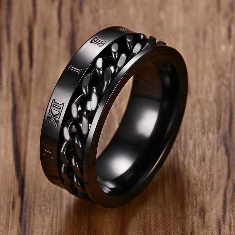 Cincin Rantai Bahan Titanium Steel | Cincin Angka Romawi Bahan Stainless Steel Warna Hitam | Anting Tusuk Hypoallergenic Anti Pudar Untuk Pria / Wanita | Kotak Hadiah Untuk Hadiah