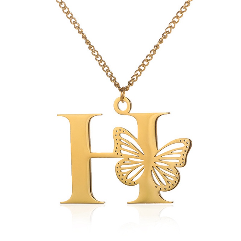 Kalung Huruf Kupu-Kupu Besar Dainty Warna Emas Untuk Wanita Gadis Perhiasan Rantai Stainless Steel Kalung Liontin Inisial