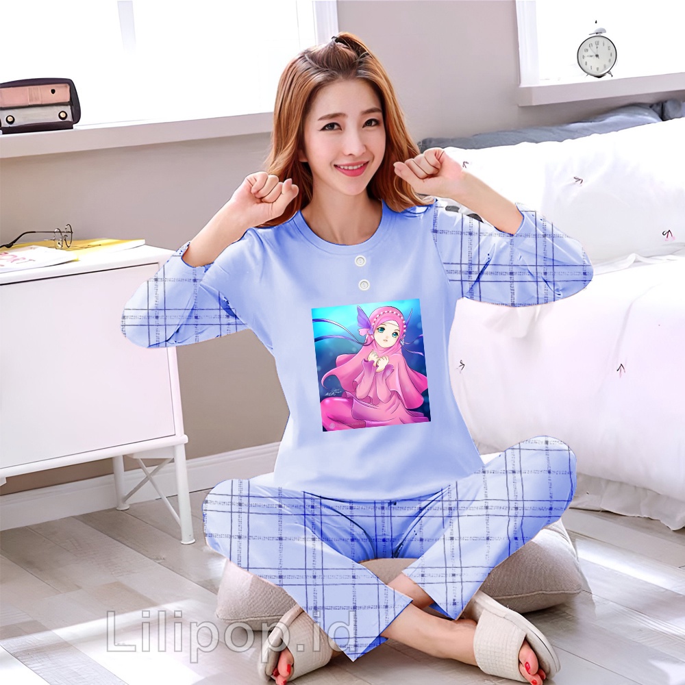 Lilipop.id  Baju Tidur Wanita mermaid hijabers Celana Panjang PP Allsize Lengan Panjang Baby Doll Bahan Kaos Dewasa