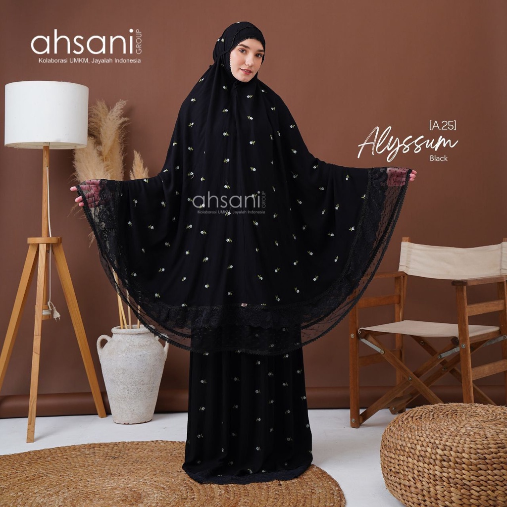Mukena Ahsani Dewasa Allysum Black Size Jumbo Bahan Rayon Premium Bordir Bunga Timbul Renda Tile Premium Mukena Harian Adem Nyaman