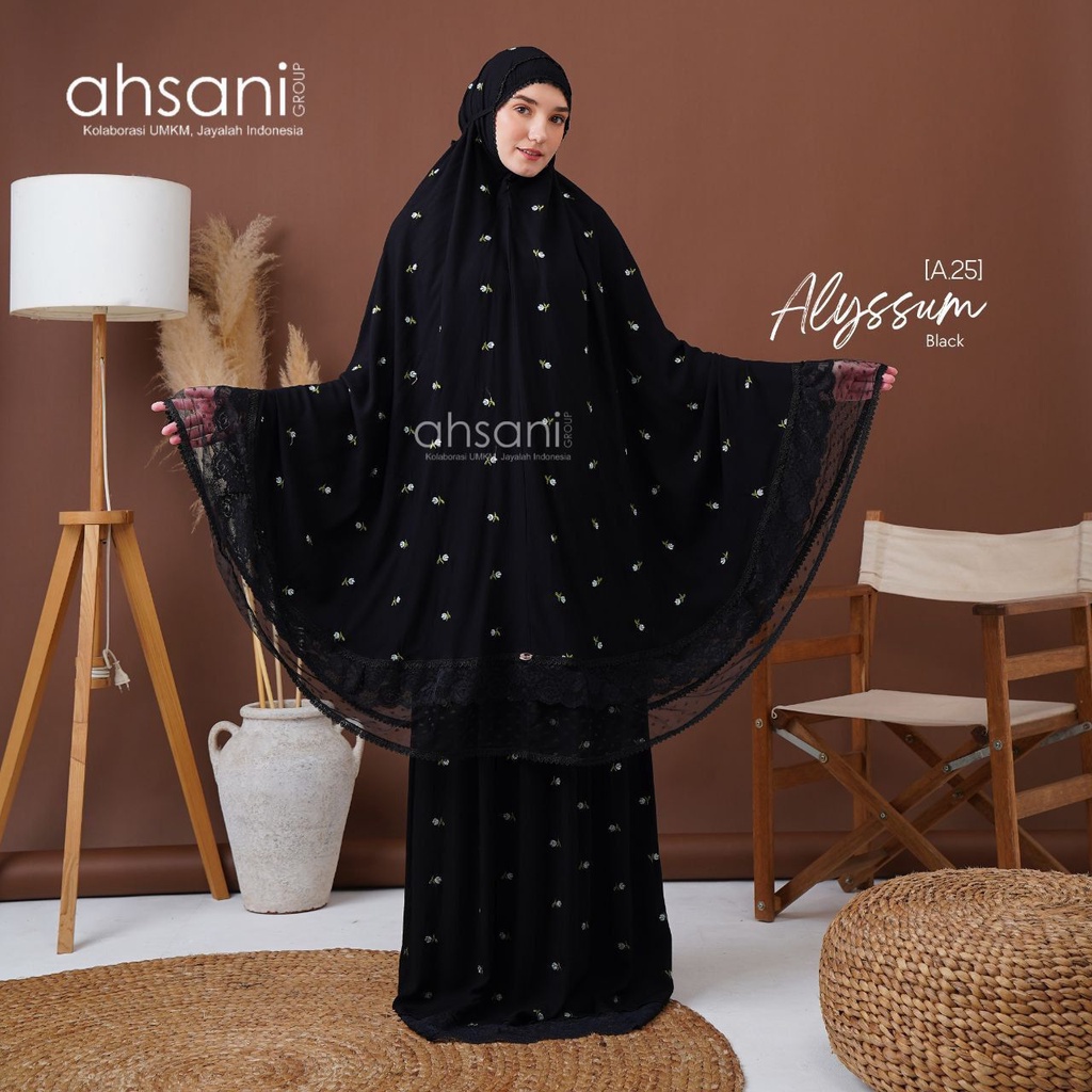 Mukena Ahsani Dewasa Allysum Black Size Jumbo Bahan Rayon Premium Bordir Bunga Timbul Renda Tile Pre
