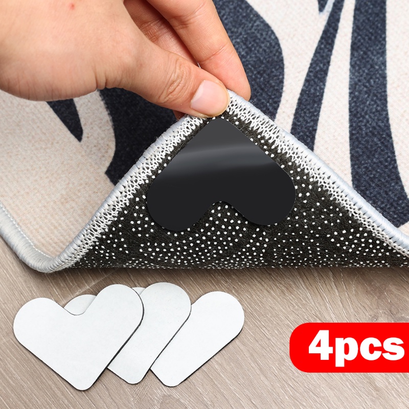 4pcs Pack Karpet Berbentuk Hati Anti-Kriting Anti-slip Stiker/Reusable Tahan Lama Hitam PU Karpet Dua Sisi Lem Tikar/Aksesoris Keselamatan Rumah