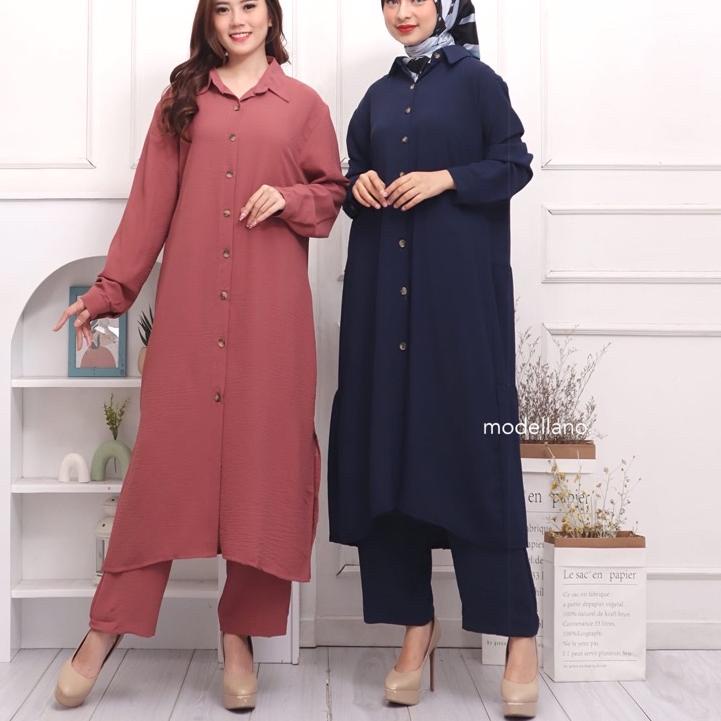 SETCEL TUNIK BELLA STELAN CELANA LONG TUNIK RAYON CRINKLE KANCING BUSUI BUMIL JUMBO BIGSIZE XXL KARE