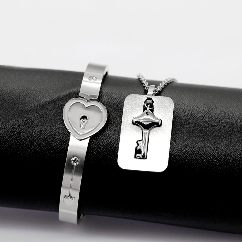 2buah/set Perhiasan Pasangan Cinta Lock Gelang Perak Kunci Konsentrik Gelang Kalung Liontin Anti Karat Gelang Kunci Kalung Fashion Kekasih Perhiasan Set