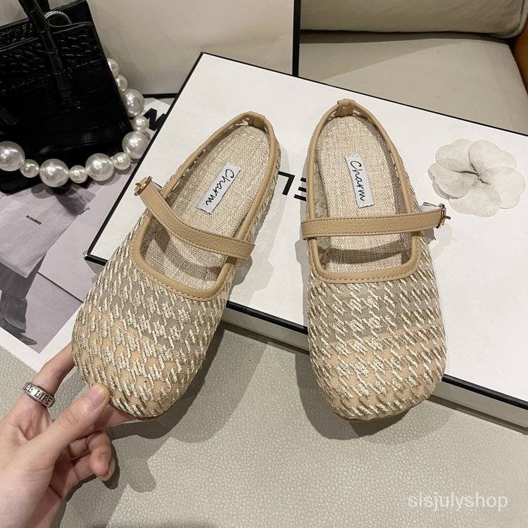 #Sisjuly# Renda dibungkus kepala setengah sandal sandal wanita baru grid burung baru bagian bawah le