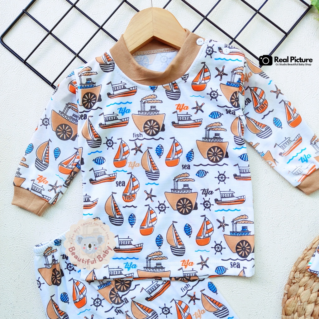 Setelan Baju Bayi Panjang Laki-laki Motif Kapal Laut / Piyama Bayi Laki-laki / Baju Tidur Bayi / Kaos Oblong Bayi &amp; Anak Kancing Pundak / Baby.ou