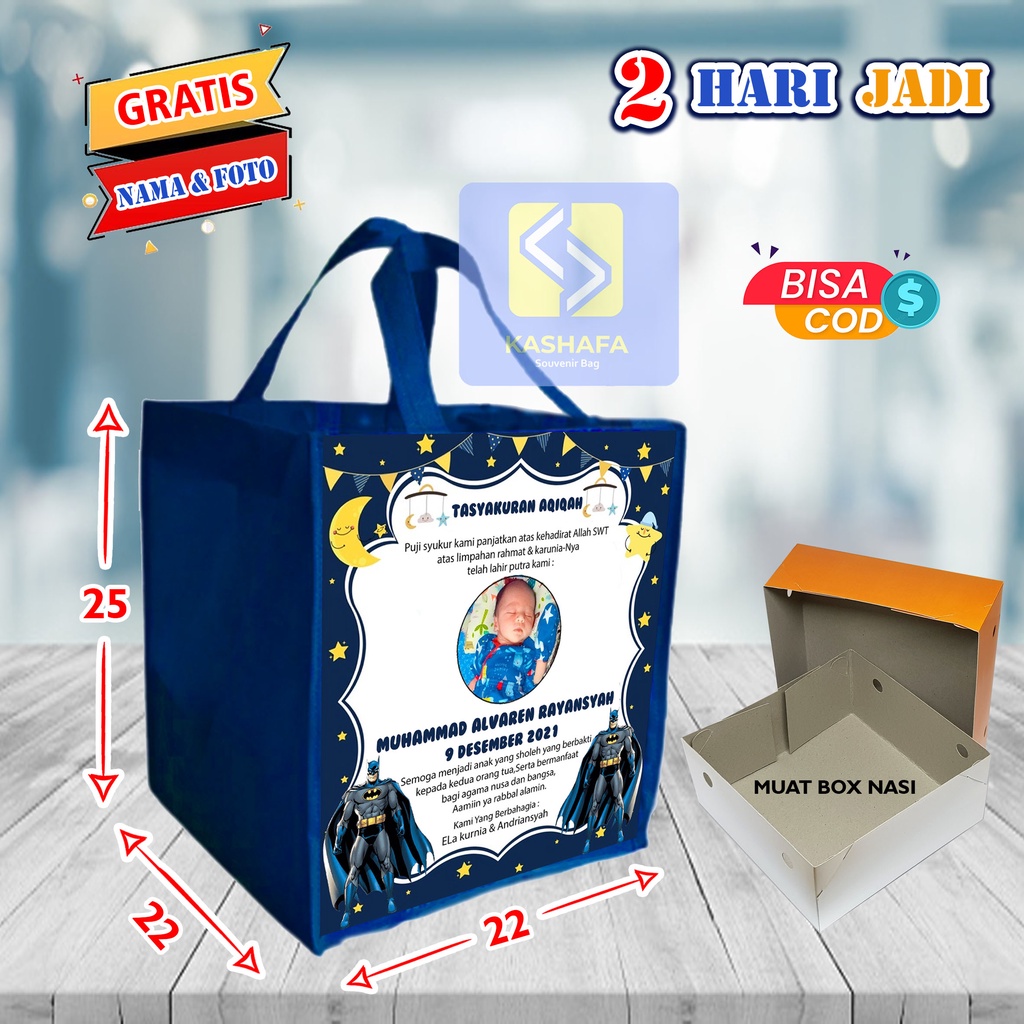

Tas Aqiqah - Tas Souvenir Aqiqah - Tas Aqiqah Tasyakuran Nasi Box - Goodie Bag Aqiqah Muat Box Nasi - Tas Aqiqah Custom Gratis Nama dan Foto Bebas Pilih Warna