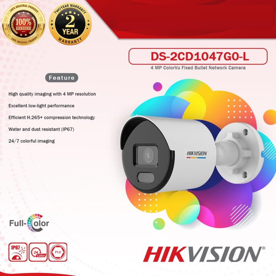 IP CAMERA HIKVISION 4MP COLORVU OUTDOOR DS-2CD1047G0-L H.265