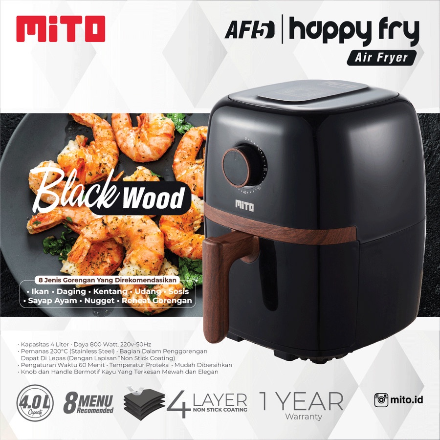 Air Fryer Mito AF 5 Happy Fry Wood Series Airfryer AF5 Low Watt Murah Penggoreng Tanpa Minyak Goreng Black White
