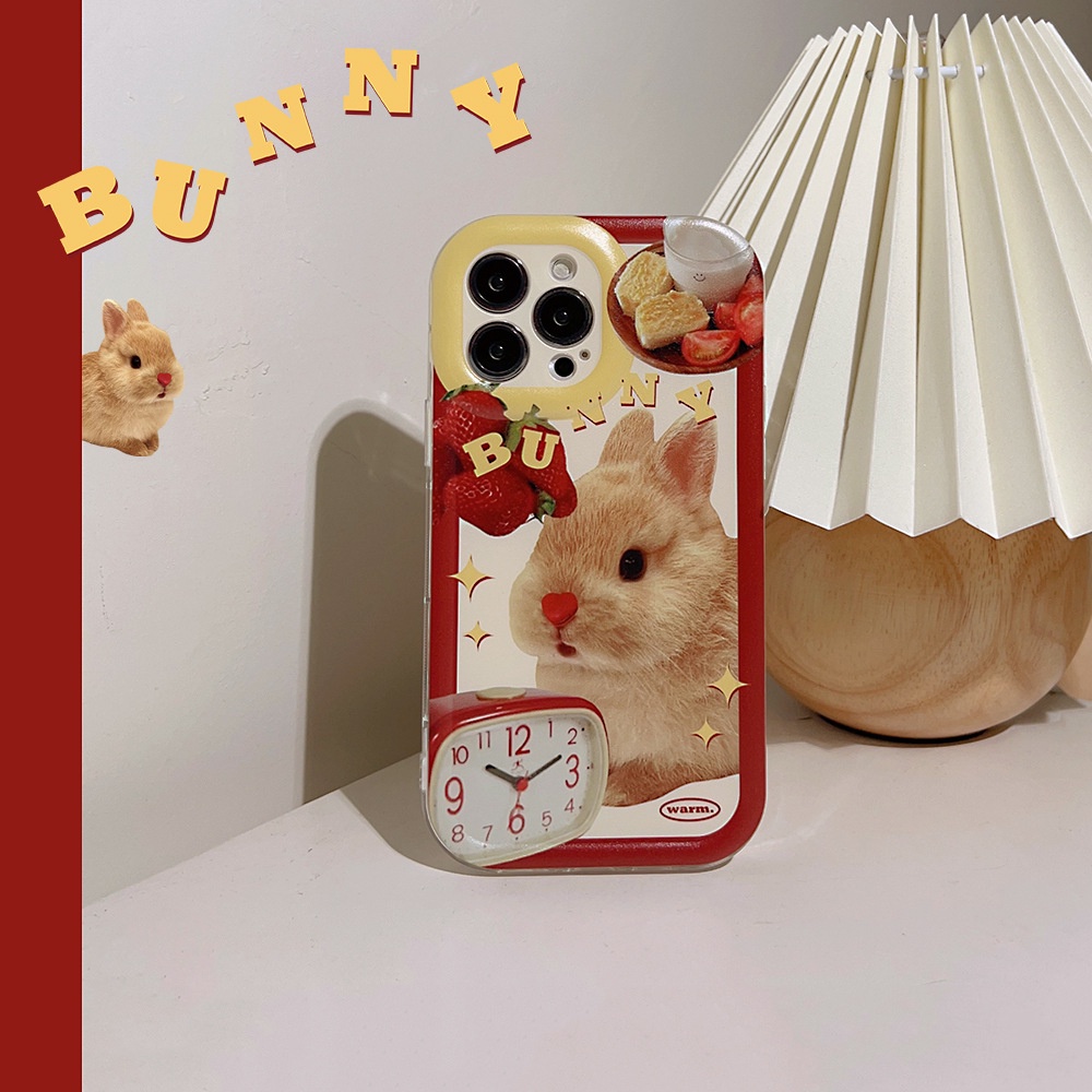IPHONE Ins Jam Alarm Lucu Strawberry Kelinci Kartun Silikon Case Untuk Iphone14 11 12 13 PRO MAX Casing Cover Pelindung AT0040