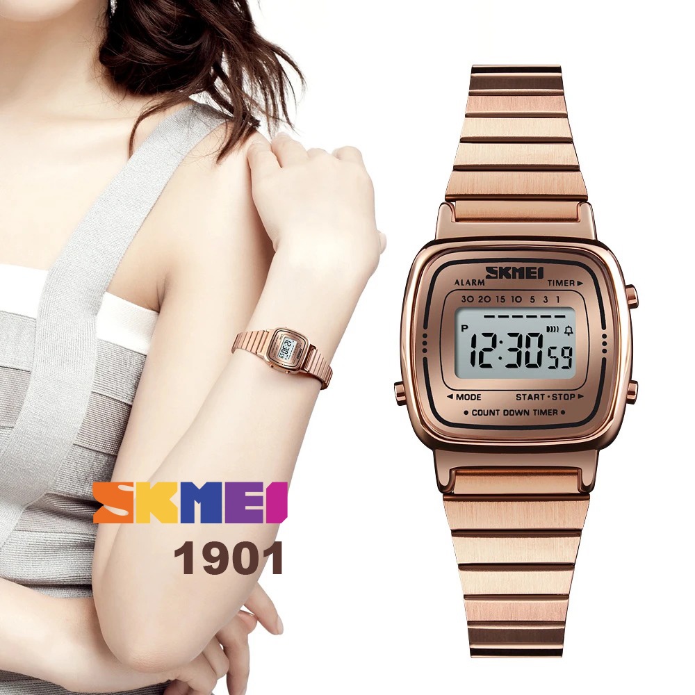 SKMEI 1901 Jam Tangan Alarm Digital Wanita LED Stainless Steel Watch