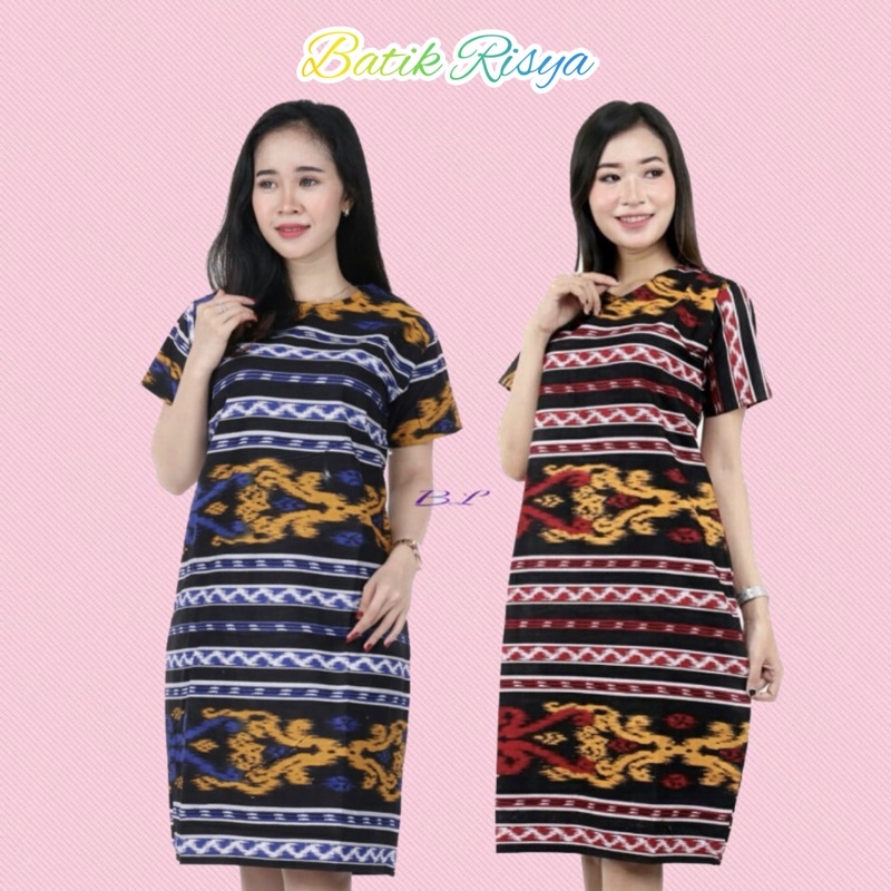 BAJU SIZE JUMBO DRESS BATIK WANITA JUMBO XXXXL / 4L LENGAN PENDEK MOTIF SONGKET TENUN MERAH BIRU ORI