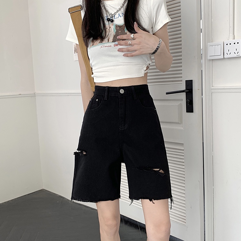 Korean Fashion Hitam Highwaist Celana Jeans Pendek Wanita