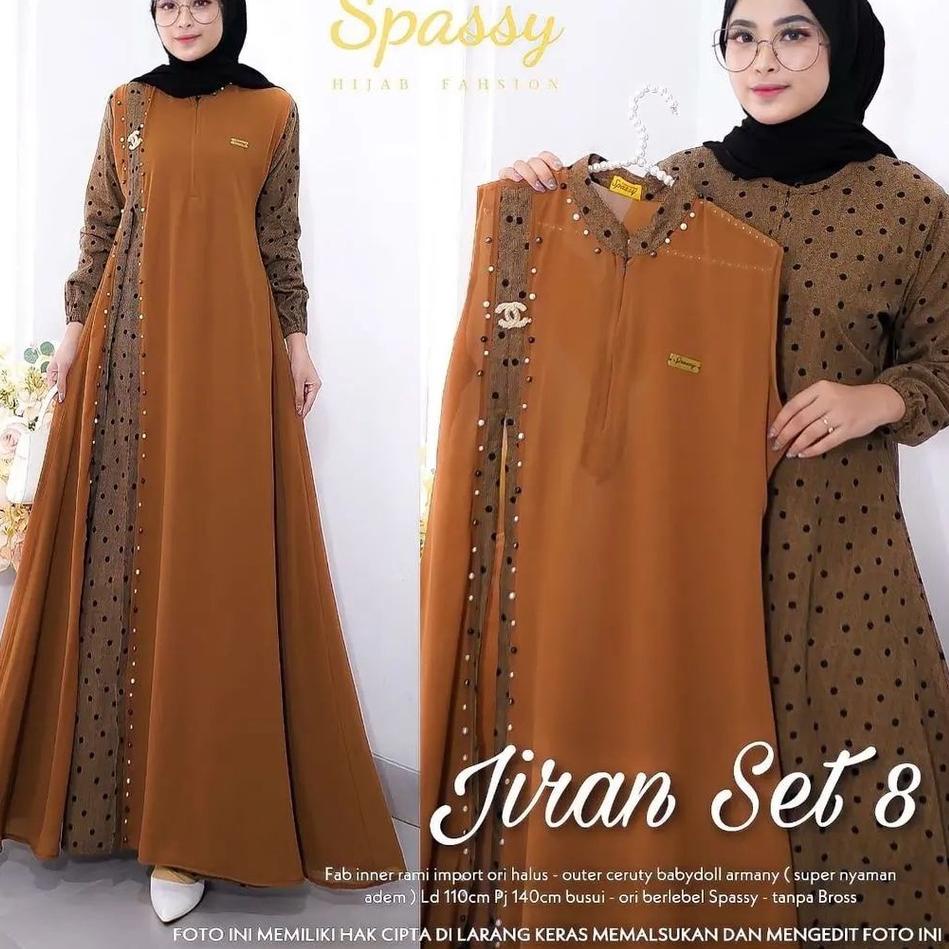 Model Favorit Gamis Terbaru Jiran Set 8 2in1 Gamis + Outher Bahan Rami IMPORT mix Ceruty Premium