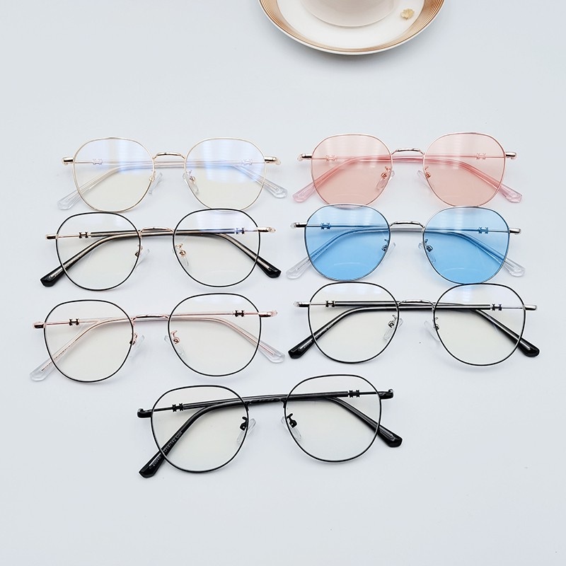 (YUZHU) Kacamata Hitam Warna Permen Bingkai Bulat Logam Fashion Korea INS Gaya Anti Blue Light Eyeglasses Untuk Wanita