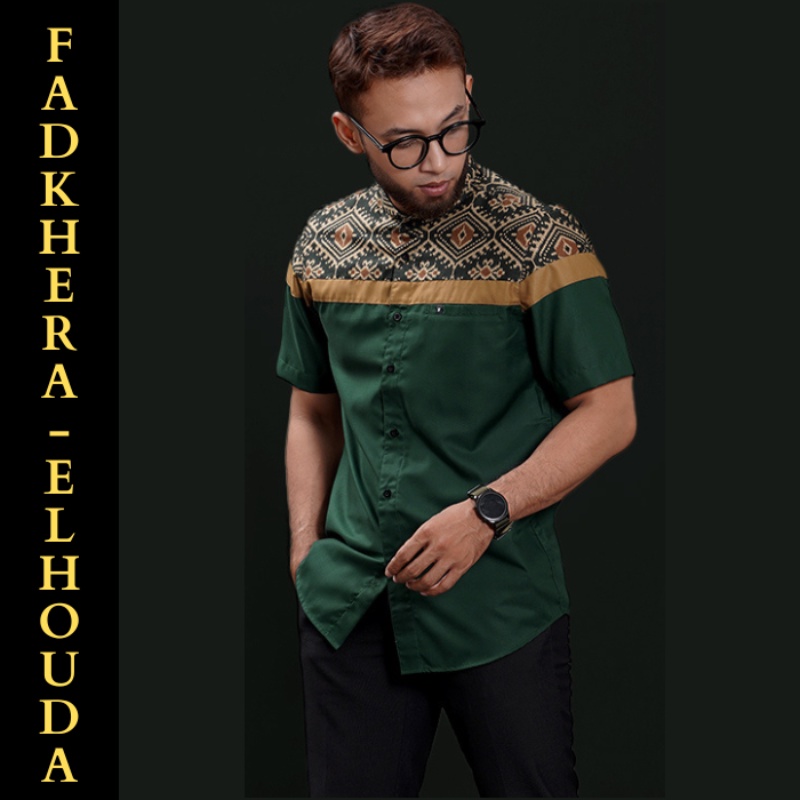 Fadkhera Baju Kemeja Koko Pria Modern Kokoh Muslim Batik Elhouda Green