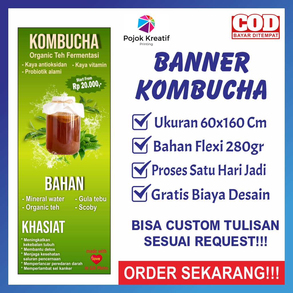 Banner Benner Baner Bener Spanduk Sepanduk Backdrop Jual Minuman Kedai Jamu Kombucha Ukuran 60x160cm