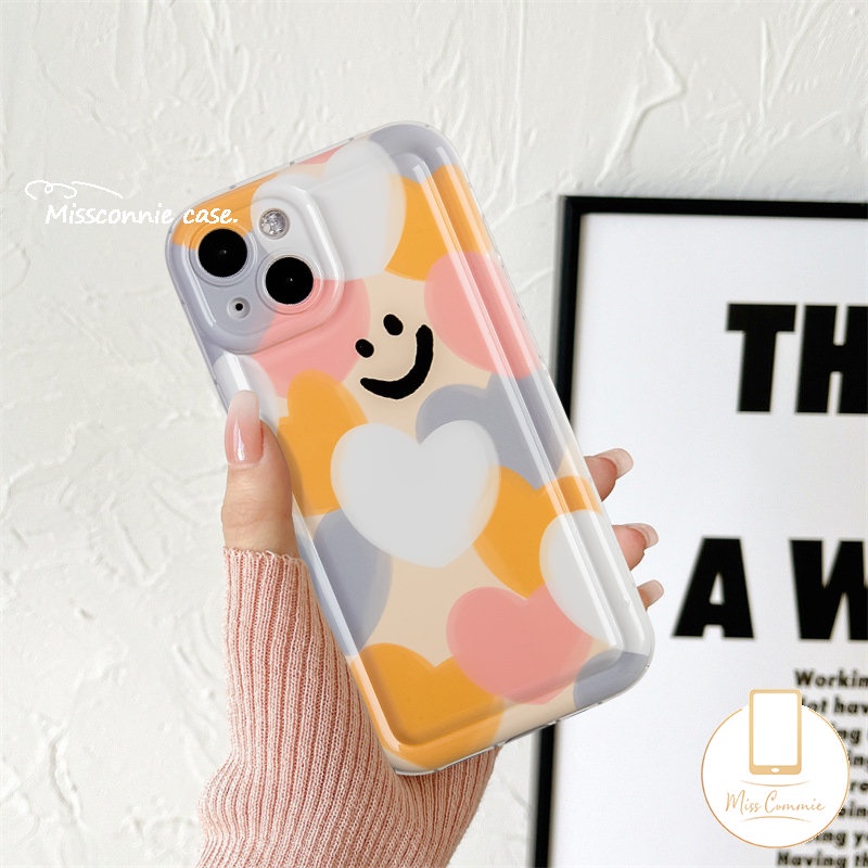 IPHONE Case Cinta Hati Warna-Warni Kompatibel Untuk Iphone11 14 13 12 Pro Max6 7 8 6S Plus XR X XS MAX SE 2020 Kartun Lucu Smiley Pelindung Kamera Lembut TPU Shockproof Airbag Silicon Cover