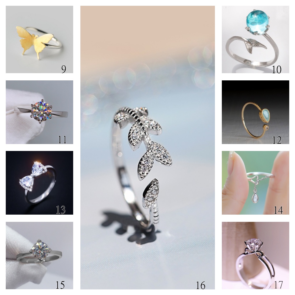 Goldkingdom Aksesoris Perhiasan Fashion Ready Stock Versi Korea Berlubang Daun Perak Merah Pink Kristal Mosan Cincin Adjustable Lamaran Pernikahan Pertunangan Berlian Ornamen