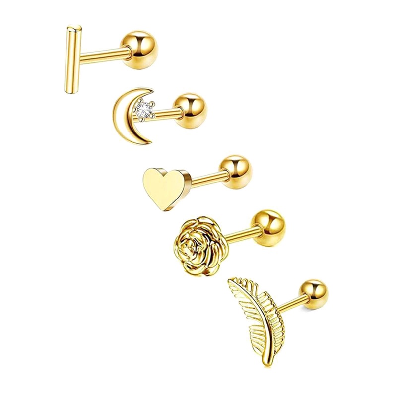 5 Pcs Stainless Steel Flat Bottom Studs Earring Butterfly Bunga Mawar Anting Kristal Tulang Rawan Helix Keong Telinga Tindik