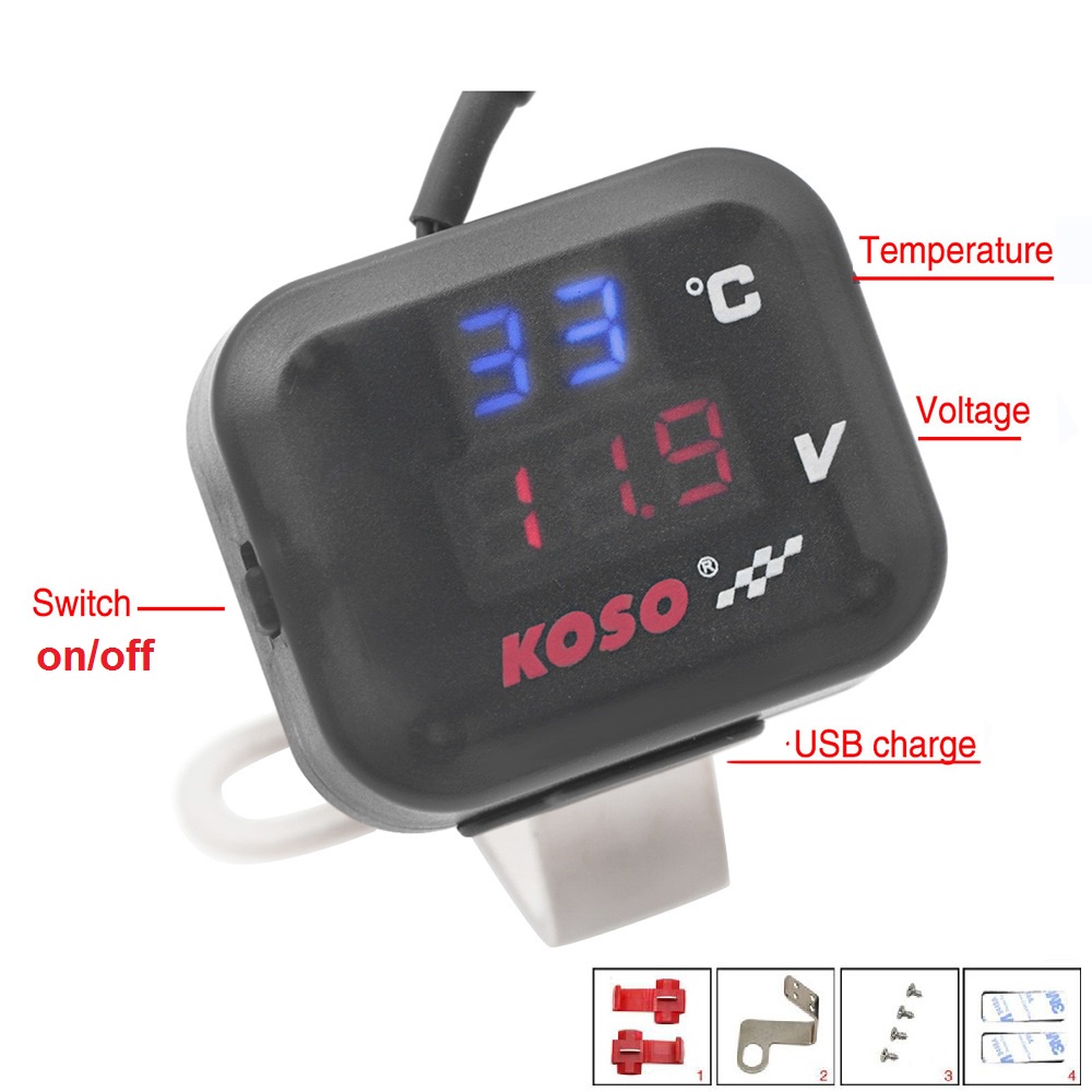 Voltmeter Koso 3 In 1 USB Charger Universal SEMUA MOTOR Anti Air Original Termometer Digital Jam Suhu Tegangan Aki Vario Pcx Ninja Cbr Vixion Scoopy Cb Gl Rx King R25