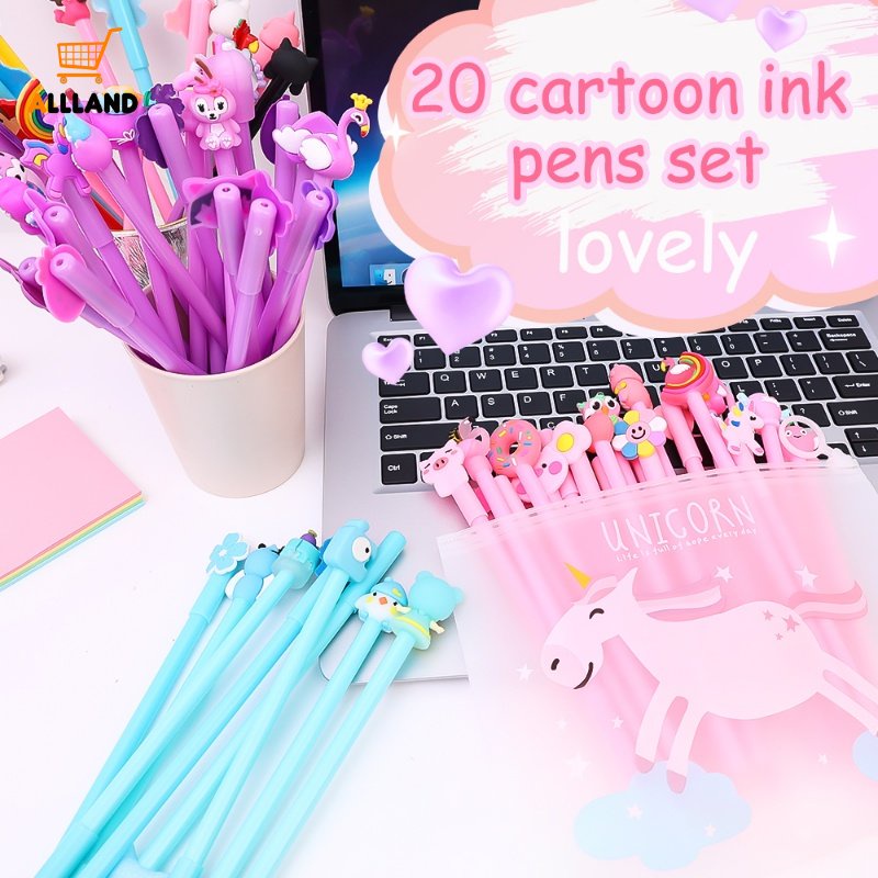 20pcs/set Pena Gel Kartun Hitam 0.5mm Dengan Tas Penyimpanan/Pena Tanda Tangan Plastik Tulisan Halus/Siswa Lucu Bentuk Anime Bolpoin Alat Tulis