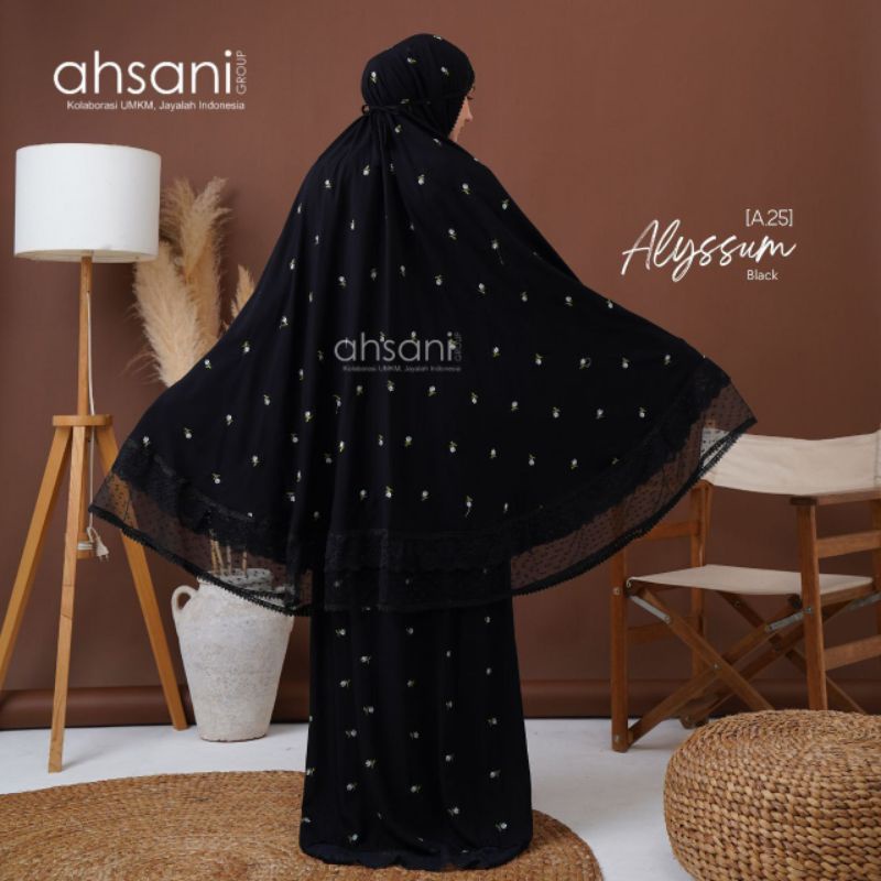 Mukena Mewah Ahsani A25 Alyysum Spesial Black Bahan Rayon Bunga Bordir Dipercantik Renda Dan Tile