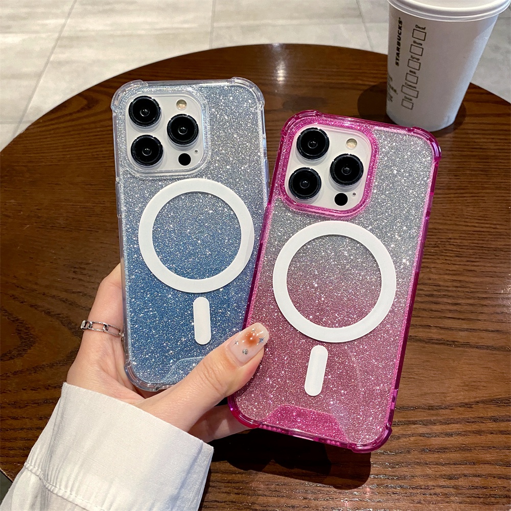 IPHONE Casing Bening Gradasi Glitter Mewah Untuk Iphone14 13 12 11 Pro Max Shockproof Transparan 11pro 13 14 Promax14 Plus Casing Keras Magnet Cover Bumper