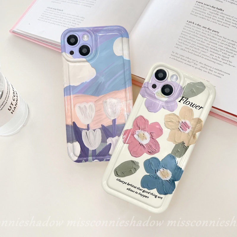 IPHONE Fashion Fresh Art Flower Tulips Lukisan Minyak Flowers Casing Ponsel Kompatibel Untuk Iphone11Xr 14 13 12 Pro MAX 6 6S 7 8 Plus X XS MAX Lembut TPU Shockproof Airbag Bening Penutup Belakang